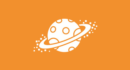 Stylized planet with ring and square particles on orange backdrop for astronomical science or technology concepts