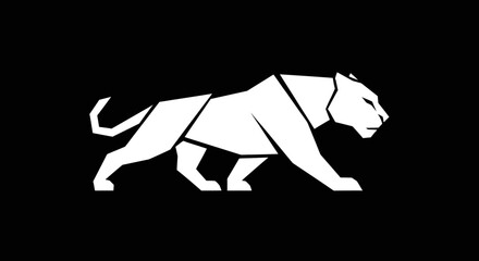 White, angular lion prowls in a solid black background; suitable for minimalistic graphic designs, logos, and digital artwork