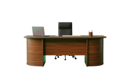 Modern executive desk setup with laptop and chair