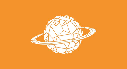 Geometric white planet with rings floating on an orange background can be used as a logo or for wallpaper