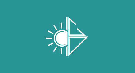 Sun and Triangle Icon. Minimalist sun shines next to abstract shape. Vector graphic background for use in logo, symbol designs