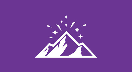 Shining mountain peak icon on purple backdrop for business, travel, and adventure promotional material or logo creation