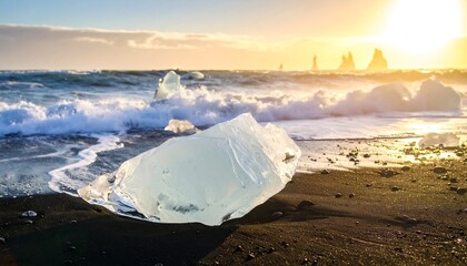 A glacial diamond shines on a black sand beach. Waves crash as golden light warms the sky at sunrise, silhouetting distant rock formations
