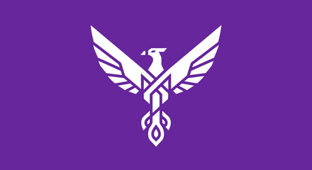 White stylized phoenix rising on a purple background for branding or symbol designs