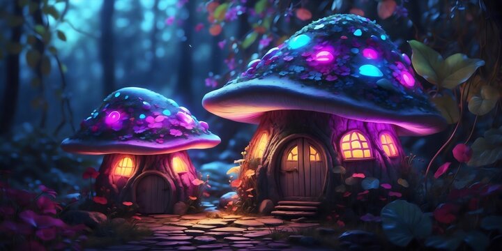 Enchanting mushroom dwellings with glowing windows and vibrant purple blue caps, nestled within an ethereal, dreamlike forest. This imaginative scene invites a sense of wonder and enchantment. 
