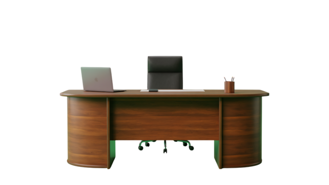 Modern executive desk setup with laptop and chair