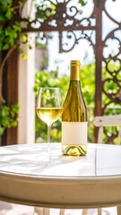 A glass and bottle of white wine stand on a round, tiled table outdoors, with a blurred background of foliage and decorative wrought iron