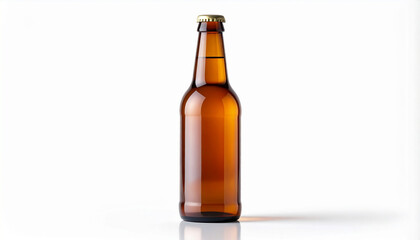 A single, amber-colored craft beer bottle with a blank white label, isolated on a pure white background for a mockup