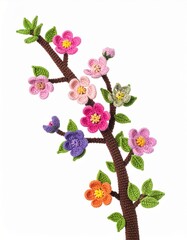 Handmade Crochet Branch with Colorful Flowers on White Background