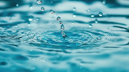 Close-up of clear water droplets falling and creating ripples on a calm blue water surface.