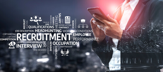 A business professional engages with a smartphone at night, surrounded by city lights and recruitment-related text, emphasizing human resources and career development. Tessel
