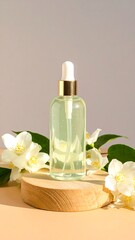 A glass bottle with dropper and gold-tone accents, sits atop a wooden platform. Fresh jasmine flowers surround the scene