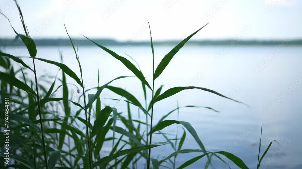 Sticker graceful reeds swaying gently in the subtle breeze at the edge of a serene lake captured in ultra sl