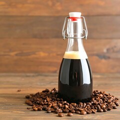 A glass bottle with a swing top, filled with dark liquid, sits on a bed of roasted coffee beans. The backdrop is wooden