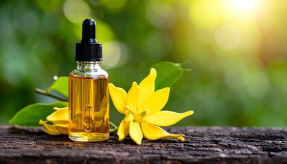 A glass dropper bottle holds a clear yellow liquid. Beside it is a fragrant yellow flower resting on a rustic wooden surface, with green foliage in the sun