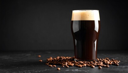 A glass filled with dark, foamy beverage sits on a dark surface, surrounded by scattered coffee beans, against a dark background