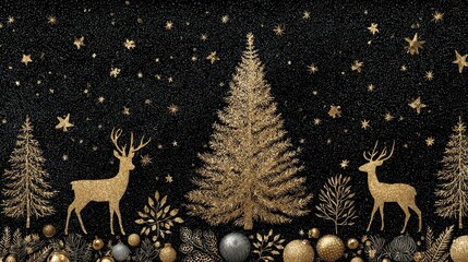 Naklejka premium Elegant golden Christmas tree on black background with shining stars, reindeer decorations, sparkling lights, glittery silver and gold ornaments, festive holiday celebration seasonal design border.