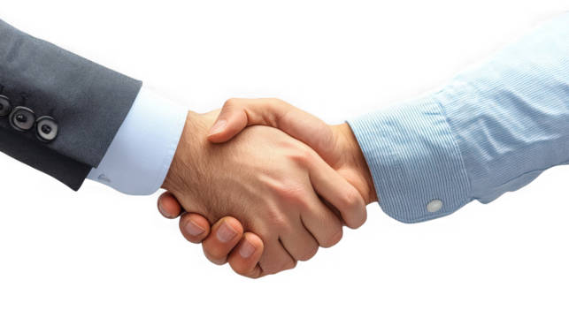 A close up of two men shaking hands one in a suit and the other in a blue striped shirt on black