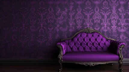 Ornate Purple Tufted Sofa Against Damask Wallpaper Keywords: sofa, couch, furniture, interior