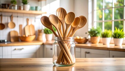 A glass jar filled with wooden spoons stands on a wooden counter in a bright kitchen with a window view