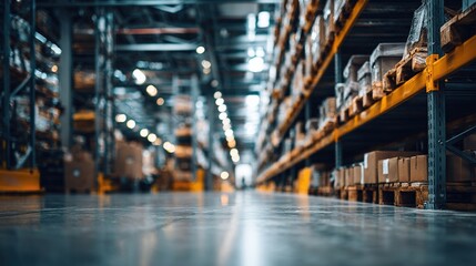warehouse. Industrial warehouse interior with focused shelves, highlighting professional storage solutions. safety posters.