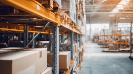 warehouse. Industrial warehouse interior with focused shelves, highlighting professional storage solutions. safety posters.