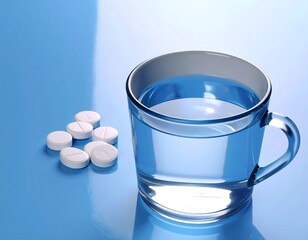 A glass mug filled with clear water sits next to a collection of white tablets on a smooth, light-blue reflective surface