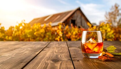 A glass of amber liquid with ice cubes sits on a weathered wooden table, against a blurred autumn landscape with a barn and foliage