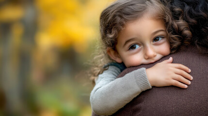 Fototapeta premium Close-up of a young child hugging a parent tightly with a warm smile, symbolizing love, security, and emotional connection. Concept of family, childhood, affection and protection.