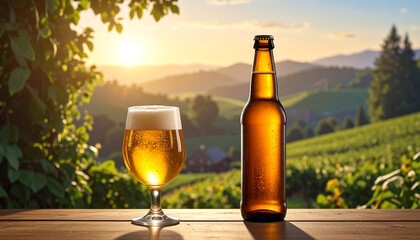 Split advertising background with a vibrant golden beer texture on one side and a solid dark color for copy space on the other