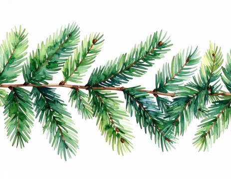 Watercolor Illustration of Green Coniferous Branches Against White Background
