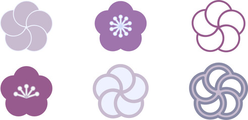 くすみカラー（紫）の梅の花セット　和風ベクター素材／正月・和柄・梅文様・上品で落ち着いた花アイコンコレクション