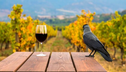 A glass of red liquid sits on a wooden table next to a gray bird in a vineyard. The background shows rows of vines with yellow leaves and a blurred distant landscape