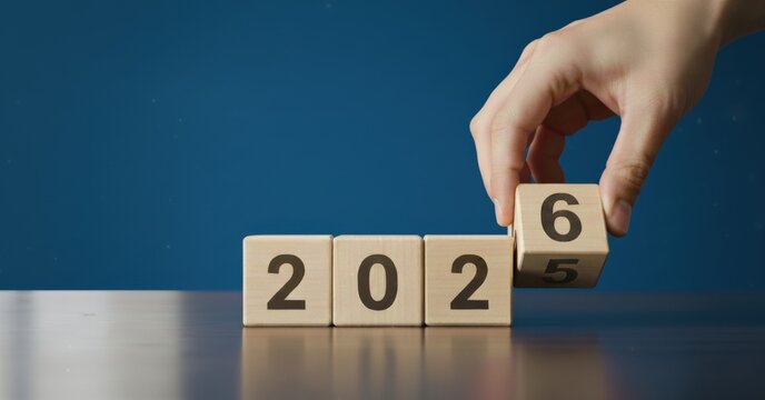 Hand placing a wooden block with number 6 to change year 2025 to 2026 Hand placing a wooden block to change the year from 2025 to 2026.