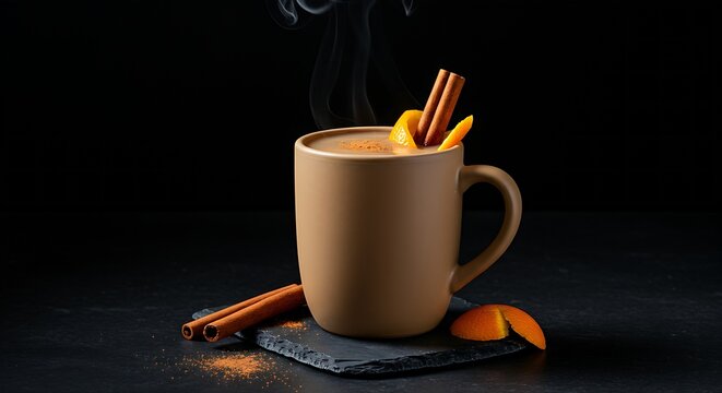 A ceramic mug of thick,rich Ecuadorian Canelazo garnished with a cinnamon stick,orange peel,positioned on a dark slate coaster,visible steam,subtle rim lighting against the absolute black backdrop