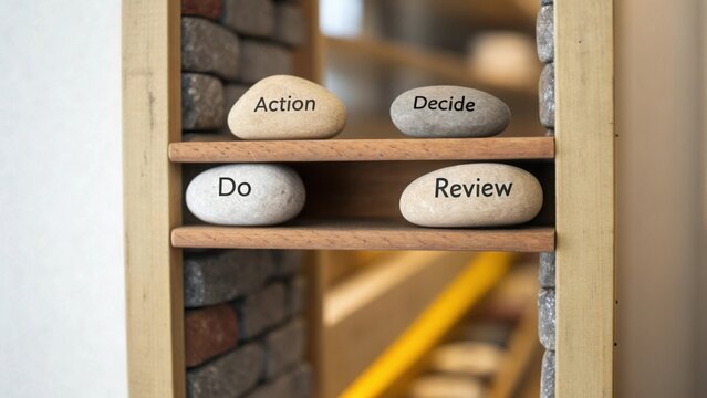 Stones with verbs displayed on a wooden shelf in a structured way