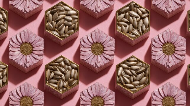 Colorful Hexagonal Arrangements of Sunflowers and Pink Flowers Create a Vibrant and Artistic Display on a Pastel Backdrop