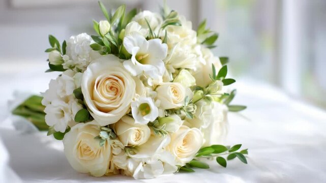 Delicate ivory and cream bouquet with roses, freesia, and greenery