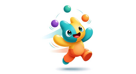 Obraz premium Cartoon Character Juggling Colorful Balls - Animated Mascot with Joyful Expression