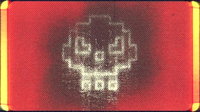 Glowing pixel art style human skull animation with retro film frame and texture effects