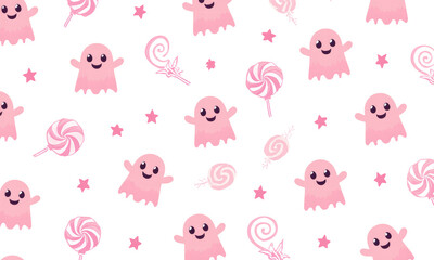 Fototapeta premium Cute Pink Ghosts and Lollipops Seamless Pattern Background