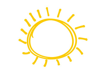 Hand-Drawn Yellow Sun Icon – Doodle Sunshine Symbol Isolated on White Background, Summer Warmth Vector Illustration