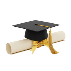 Symbolic representation of academic achievement and graduation with a scroll tied with a ribbon and a cap isolated on transparent background