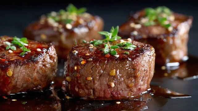 Delectable Bites of Culinary Art: Succulent, expertly seared filet mignon medallions, garnished with fresh herbs and sesame seeds, presented with elegance. 