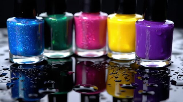 Vibrant nail polish bottles in a row with glossy reflections and water droplets