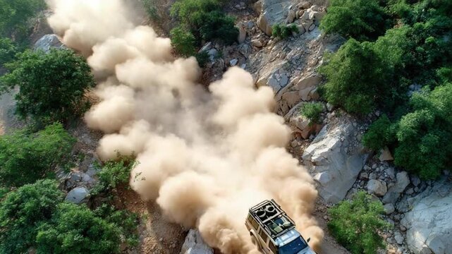 Off-Road Adventure: An all-terrain vehicle fearlessly navigates a rugged mountain trail, kicking up a dramatic cloud of dust amidst a breathtaking landscape.