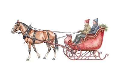Horse-drawn sleigh ride with two people in winter snow