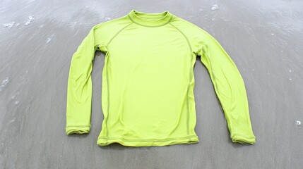 rashguard. Neon surf rashguard laid flat on wet sand, material stretched. lifestyle magazines, social media lookbooks, designed for lifestyle magazines and social media content.
