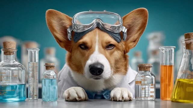 The Canine Chemist: A clever corgi, adorned with safety goggles and a lab coat, confidently surveys a collection of beakers and flasks in a laboratory setting.