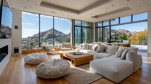 Modern Living: A sun-drenched modern living space features a spacious open floor plan with a large sectional sofa, light wooden floors, and panoramic views of a mountain landscape
